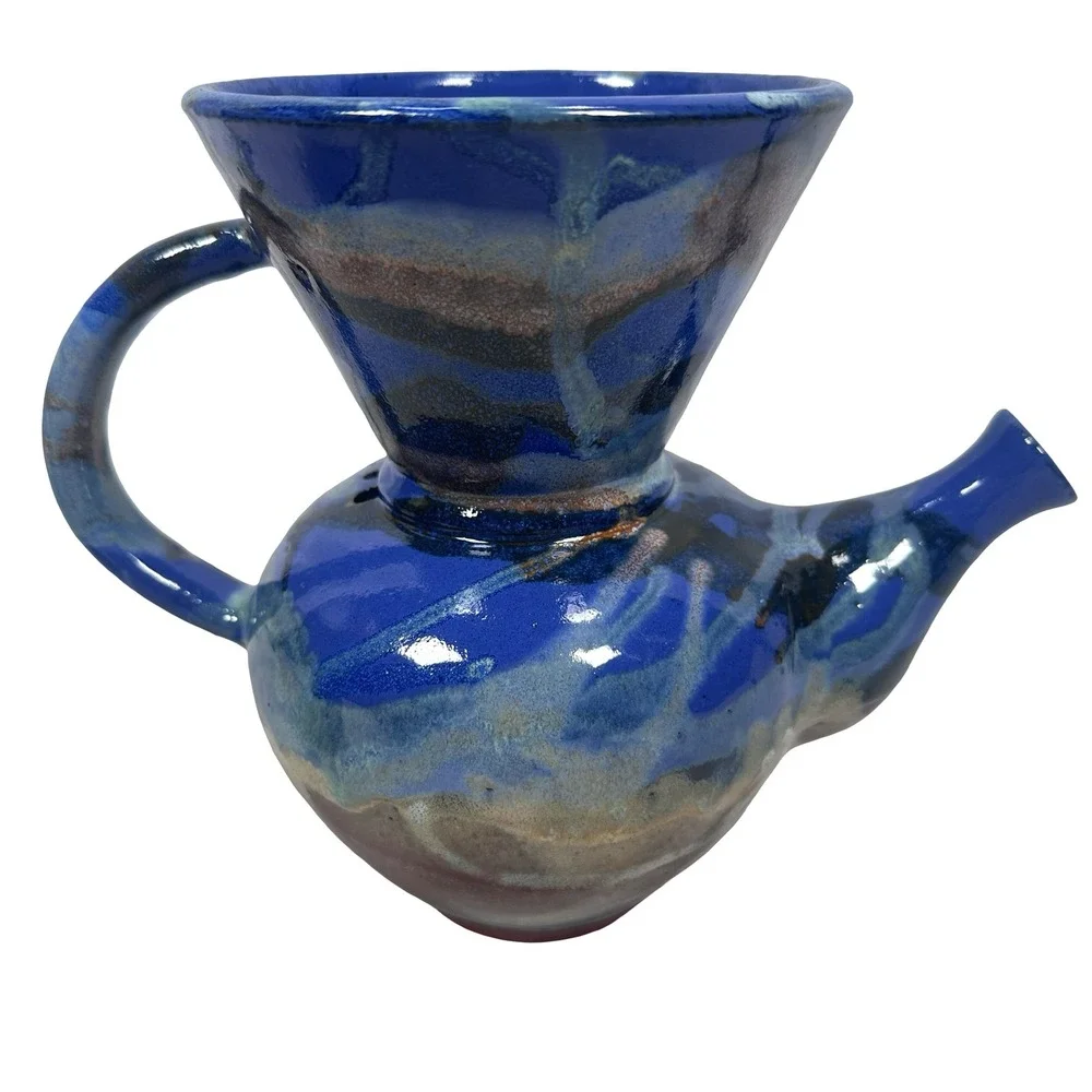 Carlos Marin Pottery Costa Rica Vandola Pour Coffee Set Blue Brown Glaze 4 Mugs